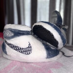 Women’s Fuzzy Blue and White Slippers